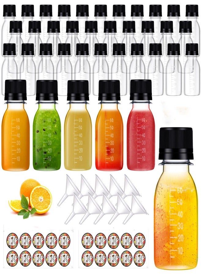 Barafat 100 Pcs 2 oz Plastic Juice Shot Bottles with Caps, Clear Ginger Shots Bottles with Lids, Mini Jar for Liquids with Scale and Labels Portable Mini Containers for Ginger Juice Milk (Black Caps, 2OZ) - Image 1