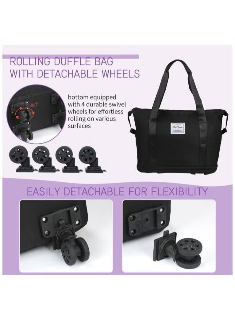 عربست حقيبة دفل قابلة للطي بعجلات، حقيبة دفل قابلة للطي قابلة للتوسيع بعجلات ومقبض للسفر، حقيبة أمتعة قابلة للطي بعجلات، حقيبة سفر بعجلات، حقيبة كبيرة لعطلة نهاية الأسبوع (أسود) - Image 5