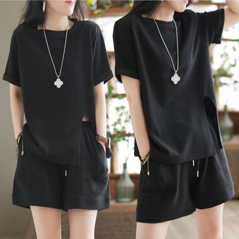 Casual Shorts  Retro Tee Set 2024 Black - Image 1