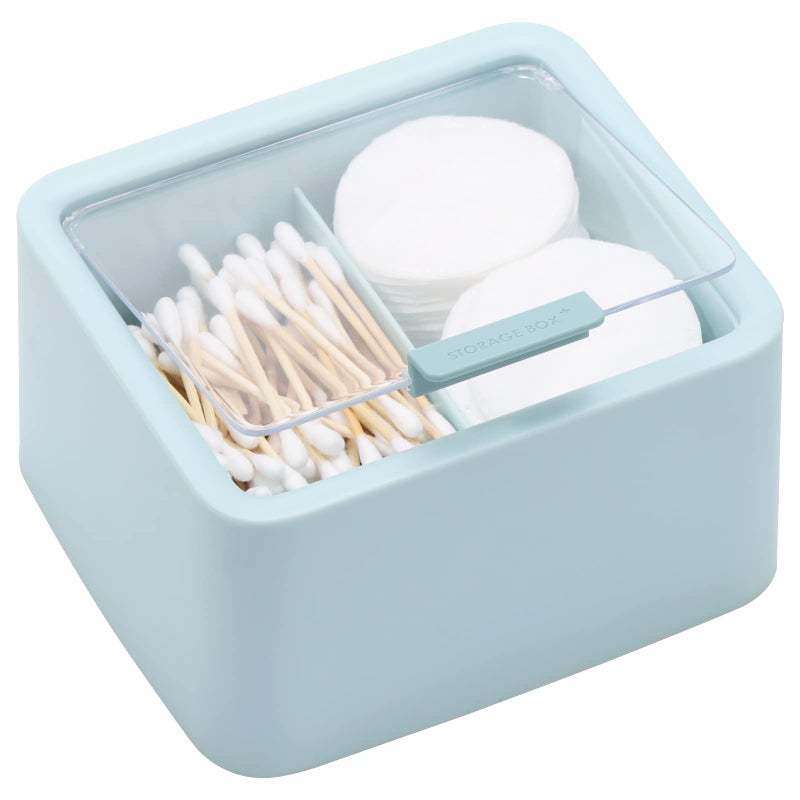 Tecbeauty Large Qtips Holder - 2 Grids Cotton Swabs Dispenser Bathroom Organizer Cotton Balls, Pads Storage Canisters, Hinged Lids, Blue - Image 1