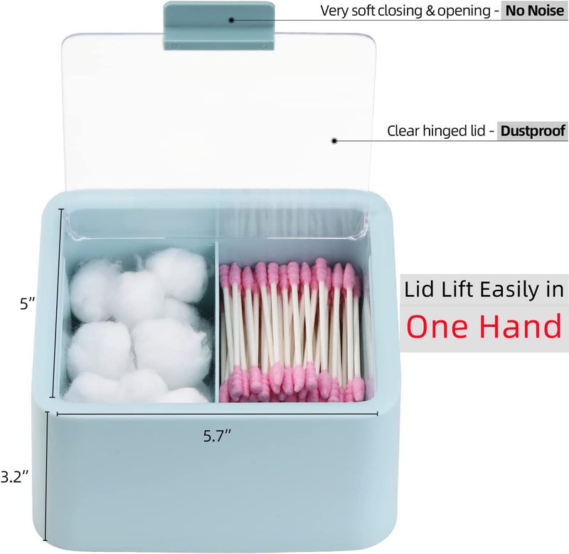 Tecbeauty Large Qtips Holder - 2 Grids Cotton Swabs Dispenser Bathroom Organizer Cotton Balls, Pads Storage Canisters, Hinged Lids, Blue - Image 3