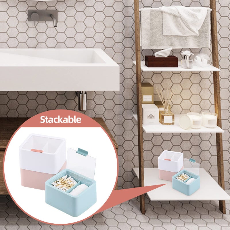 Tecbeauty Large Qtips Holder - 2 Grids Cotton Swabs Dispenser Bathroom Organizer Cotton Balls, Pads Storage Canisters, Hinged Lids, Blue - Image 5