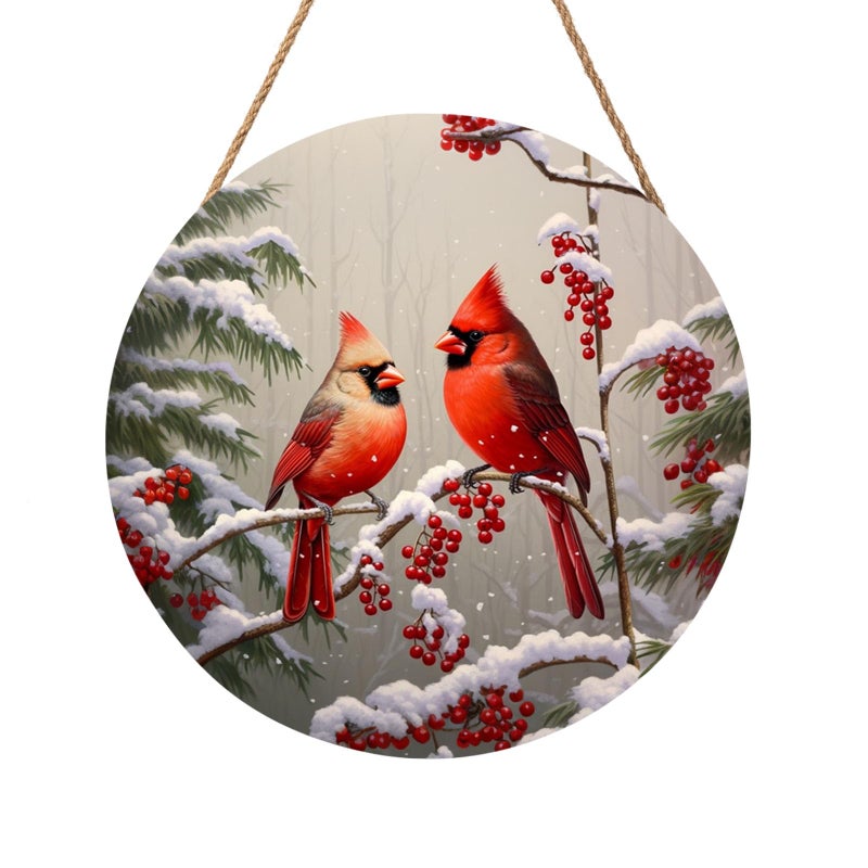 Anyako Winter Red Cardinal Bird Door Sign For Front Door Decor,Holly Berry Branches Snow Wooden Sign 12"x 12" Round Wood Hanging Door Sign Winter Decoration for Wall Rustic Decor - Image 1
