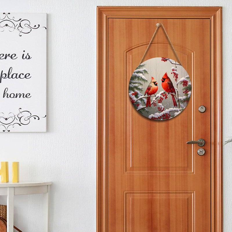 Anyako Winter Red Cardinal Bird Door Sign For Front Door Decor,Holly Berry Branches Snow Wooden Sign 12"x 12" Round Wood Hanging Door Sign Winter Decoration for Wall Rustic Decor - Image 5