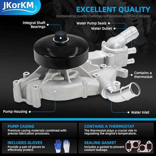 Jkorkm AW5104 Water Pump with Thermostat for 4.8 5.3 6.0 1999-2006 Chevy Silverado Tahoe Suburban GMC Sierra Yukon Cadillac Buick Hummer Isuzu Saab Replace# AW5087 252-845 12456113 12458935 - Image 4