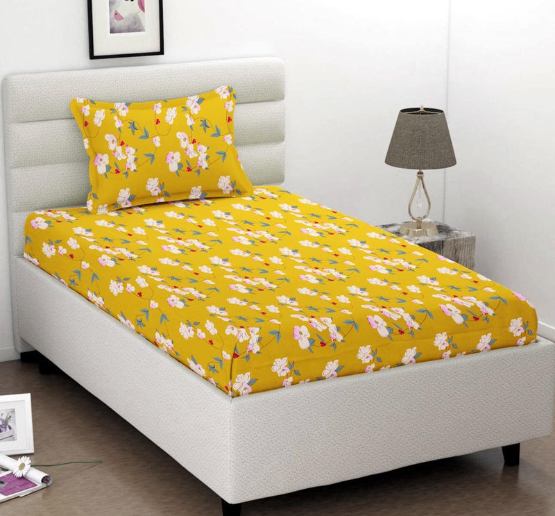 VAS COLLECTIONS Premium 3D Printed 144 TC Microfiber Single Bedsheet with 1 Pillow Covers (220X152 cm) Yellow White & Green - Image 1