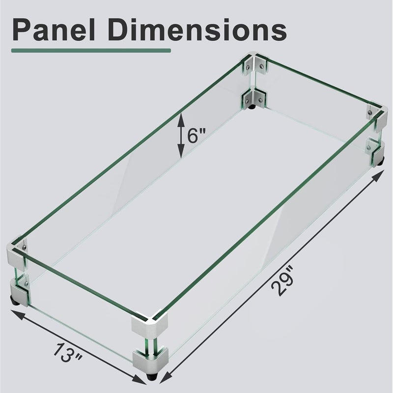 GASPRO 29 x 13 Inch Glass Wind Guard for Rectangular Fire Pit Table, Thick and Sturdy Tempered Glass Panel with Hard Aluminum Corner Bracket & Rubber Feet, Easy to Assemble - Image 2