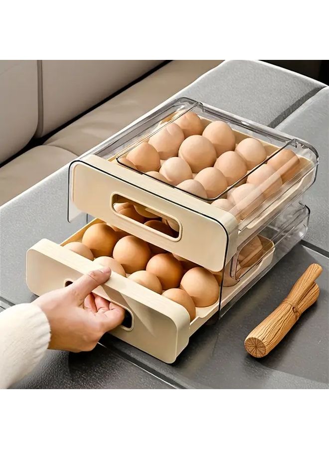 32 Grid Large Capacity Double Deck Egg Rack Cream Color Refrigerator Storage Box With Lids - Image 4