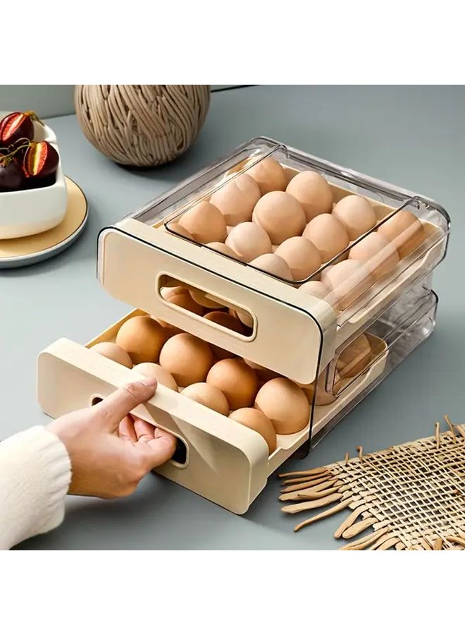 32 Grid Large Capacity Double Deck Egg Rack Cream Color Refrigerator Storage Box With Lids - Image 5
