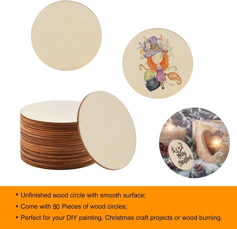 Coopay 80 Pieces 3 Inch Unfinished Wooden Circles, Wooden Cutouts Natural Round Wood Slices for DIY Wood Craft, Door Hanger, Painting, Wedding, Coasters, Home Decoration - Image 3