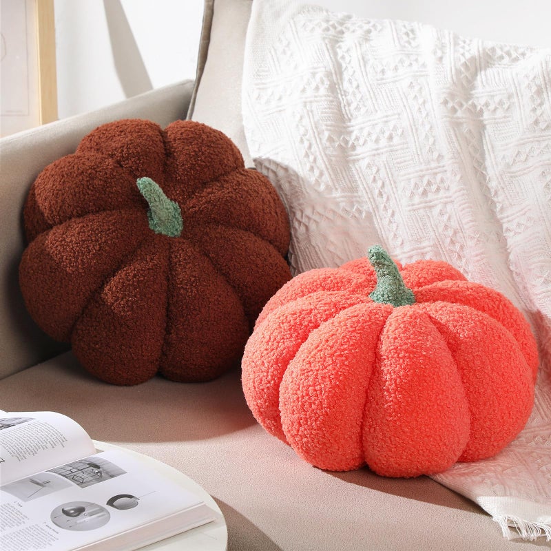 Kajaia 2 Pcs Pumpkin Pillow Plush 11 x 9.5 Inch 3D Cushion Fall Decorations Simulated Stuffed Throw Pillows for Halloween Thanksgiving Bedroom Sofa Couch Supplies (Orange,Brown) - Image 1