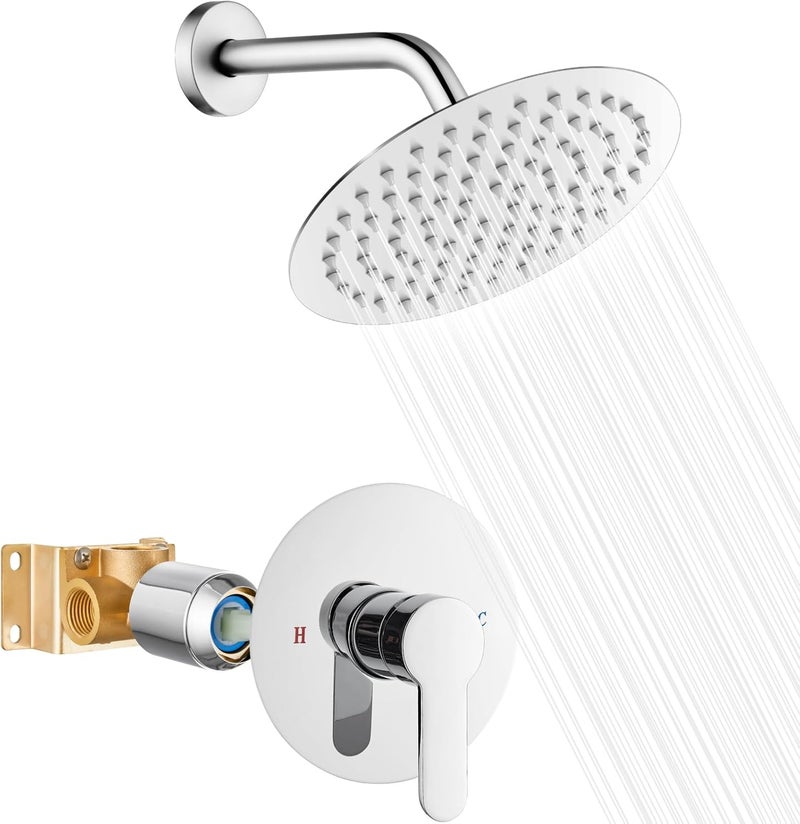 Heyalan Shower Faucet Set with Valve Kit,8 Inch Bathroom Rainfall Shower Head and Handle Set System Trim Kit,Female Thread Valve Single Function,Polished Chrome - Image 1