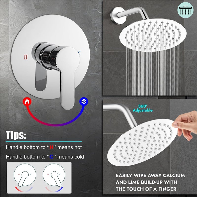 Heyalan Shower Faucet Set with Valve Kit,8 Inch Bathroom Rainfall Shower Head and Handle Set System Trim Kit,Female Thread Valve Single Function,Polished Chrome - Image 5