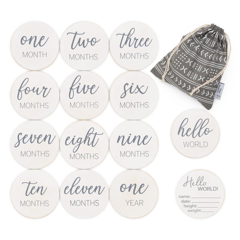 Pondering Pine Natural Baby Milestone Discs White Stain Wood Milestone Disc Set with Bag and Hello World Announcement Card 13 Wooden Milestones Cards Newborn Monthly First Year Picture Props 112 Months