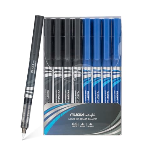 NUOVI Insight Liquid Ink Rollerball Pens | 0.5mm Micro Tip with Sleek & Lightweight Body | Quick-Dry, Smudge-Free Ink for Smooth Ink flow | Ideal for Office, School & Journal (Blue & Black, Pack of 8) - Image 1