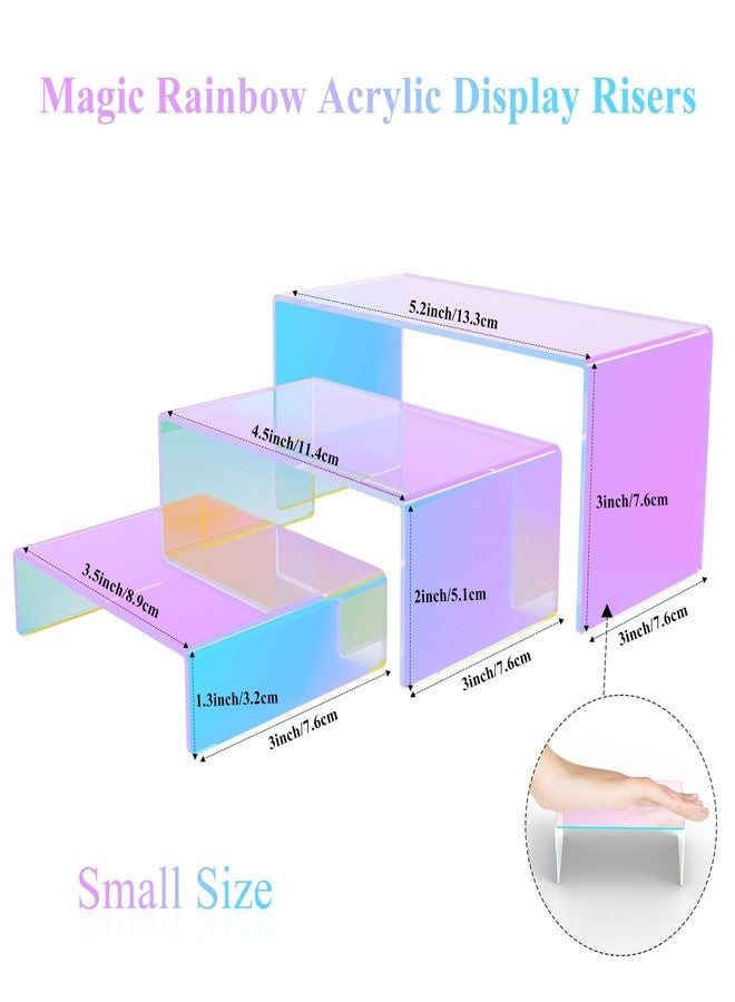 SOVQUEST 6 PCs Risers Display Stands 3 Tiers Desktop Acrylic Shelves Cake Dessert Holder Products Stand for Collectibles Shoes Jewels Pop Figure (Iridescent2) - Image 3