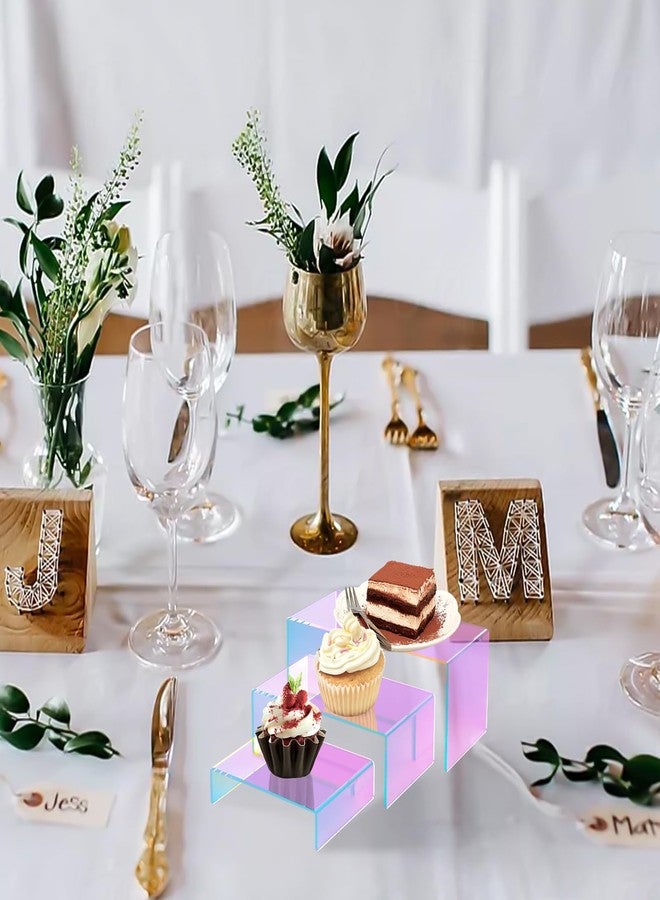 SOVQUEST 6 PCs Risers Display Stands 3 Tiers Desktop Acrylic Shelves Cake Dessert Holder Products Stand for Collectibles Shoes Jewels Pop Figure (Iridescent2) - Image 2