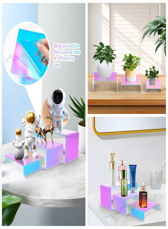 SOVQUEST 6 PCs Risers Display Stands 3 Tiers Desktop Acrylic Shelves Cake Dessert Holder Products Stand for Collectibles Shoes Jewels Pop Figure (Iridescent2) - Image 5