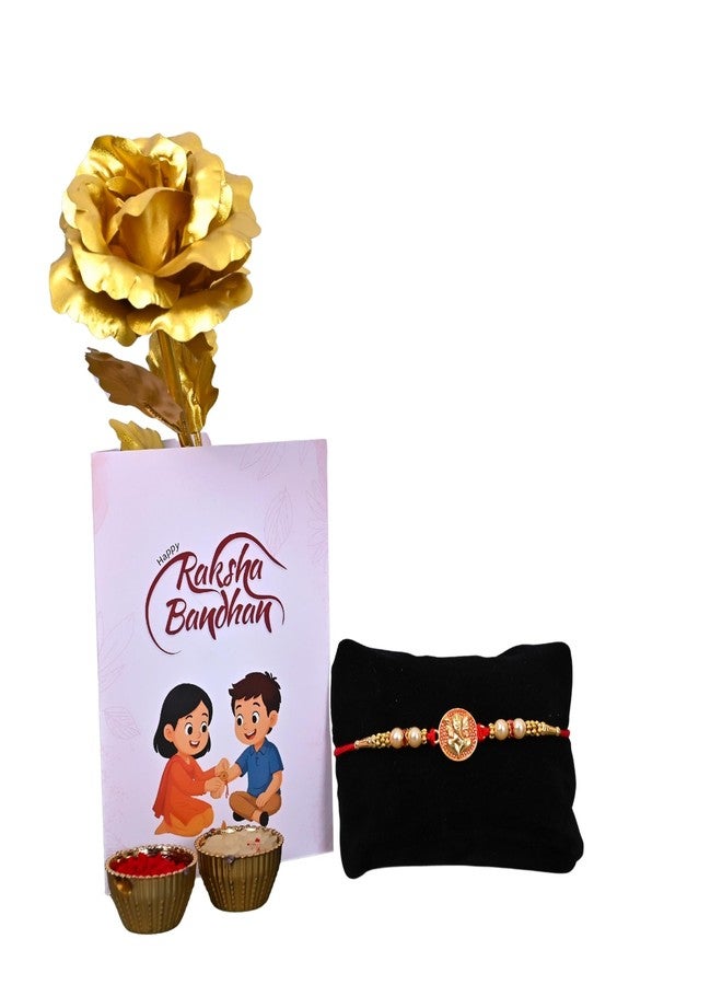 Poorak Religious Assorted Gift – 1 Rakhi, Yellow Rose, Roli Chawal & Greeting Card - Image 1