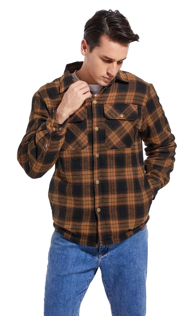 Puwasa Men's Sherpa Lined Cotton Flannel Shirt Jacket Plaid Button Up Jacket Coat for Men with Pocket Orange X-Large - Image 3