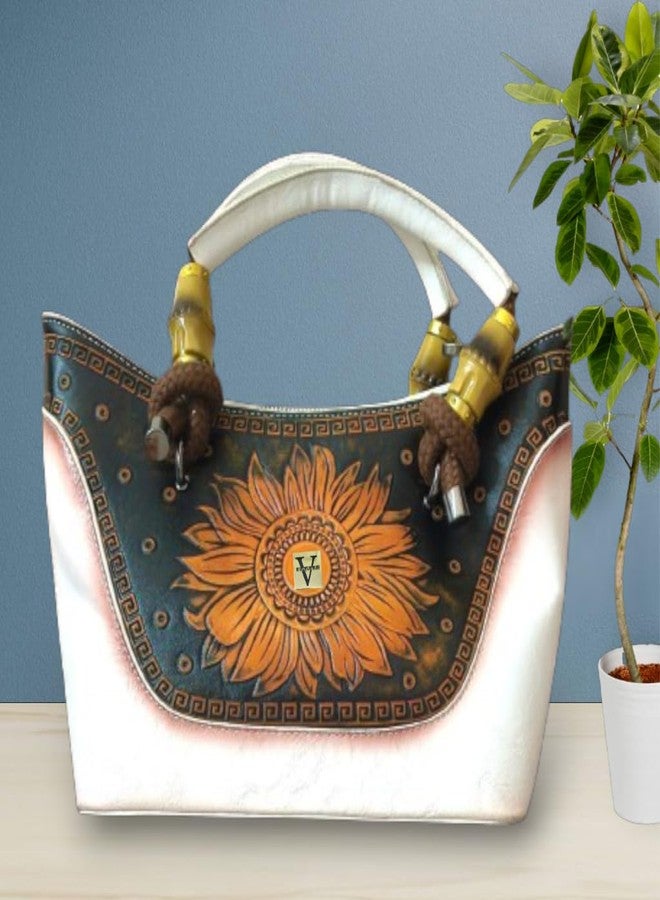 VINNIE Handcrafted Sunflower Handbag, Bohemian Style Leather Purse with Artistic Geometric Design, Medium Size, 2 Pockets - Image 3