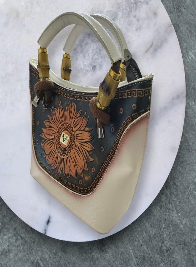 VINNIE Handcrafted Sunflower Handbag, Bohemian Style Leather Purse with Artistic Geometric Design, Medium Size, 2 Pockets - Image 4