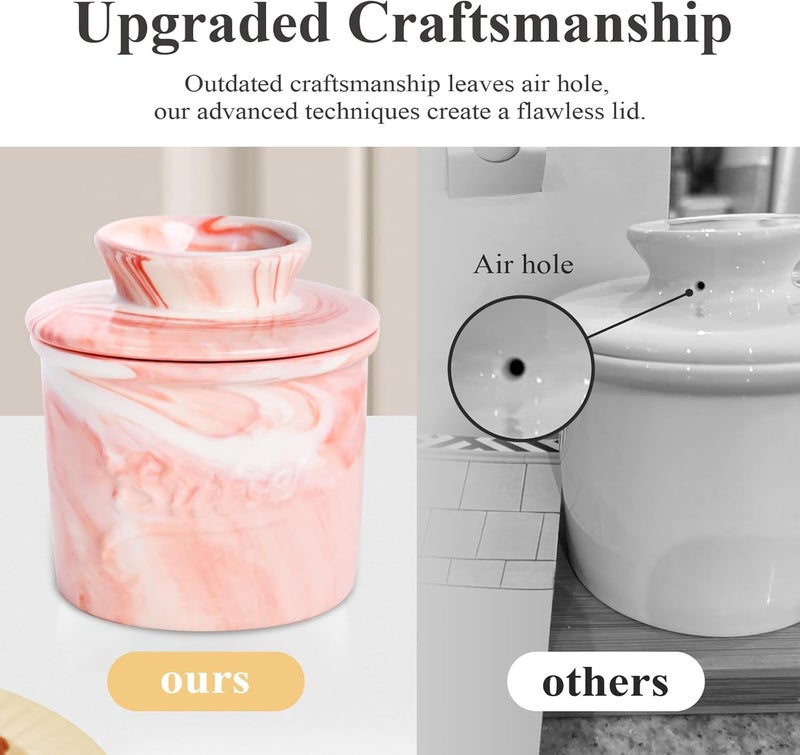 MSJGA Ceramic Butter Crock with Lid & Spreader Knife, Butter Keeper - Ideal Butter Storage & Countertop Butter Dish (Marble Pink with Marble Pink Knife, M) - Image 4