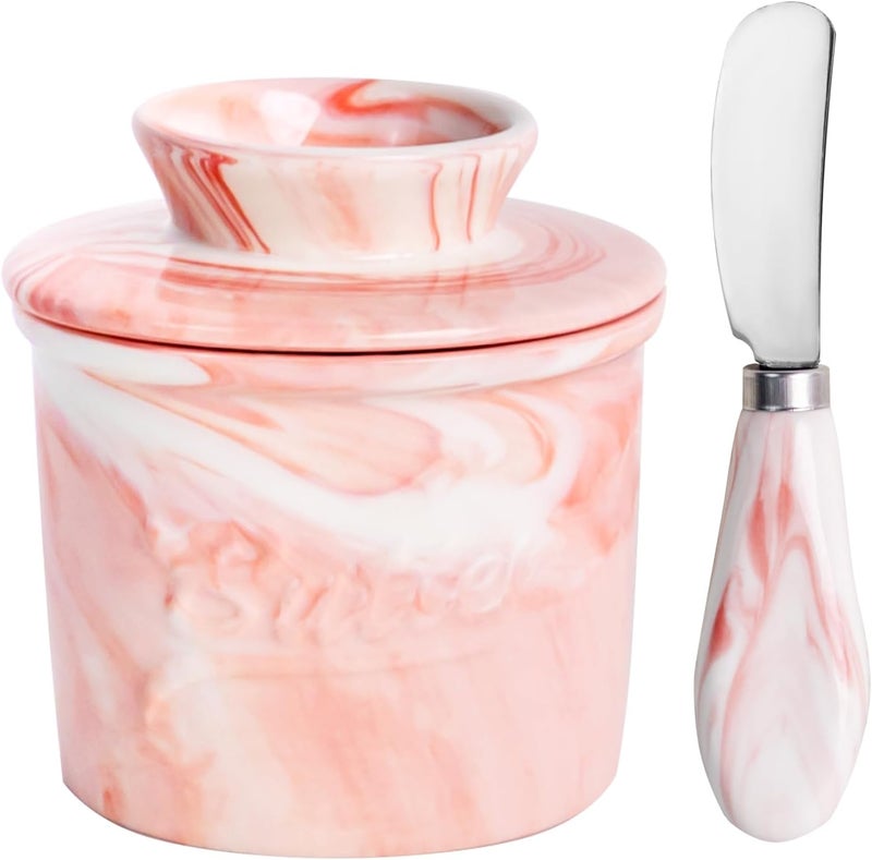MSJGA Ceramic Butter Crock with Lid & Spreader Knife, Butter Keeper - Ideal Butter Storage & Countertop Butter Dish (Marble Pink with Marble Pink Knife, M) - Image 1