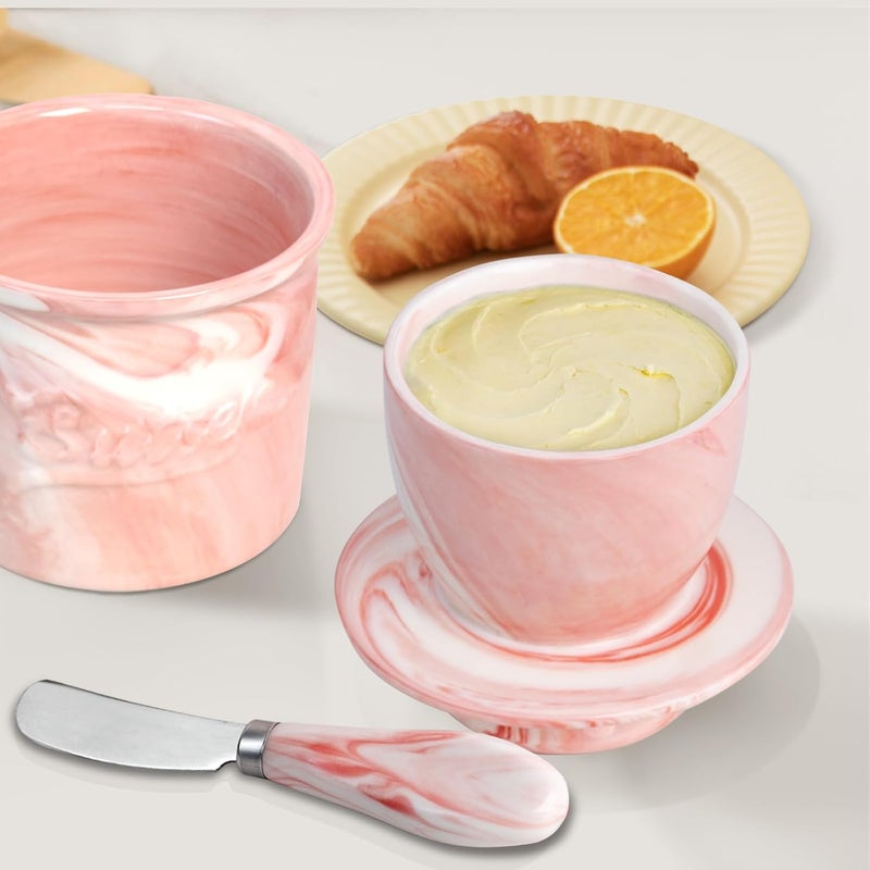 MSJGA Ceramic Butter Crock with Lid & Spreader Knife, Butter Keeper - Ideal Butter Storage & Countertop Butter Dish (Marble Pink with Marble Pink Knife, M) - Image 2