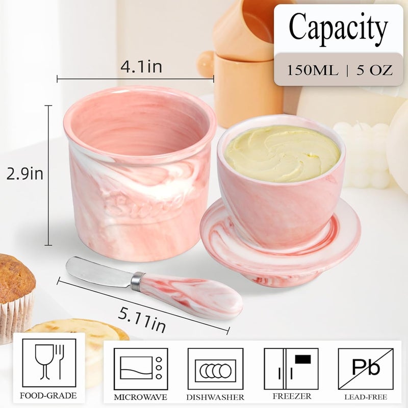 MSJGA Ceramic Butter Crock with Lid & Spreader Knife, Butter Keeper - Ideal Butter Storage & Countertop Butter Dish (Marble Pink with Marble Pink Knife, M) - Image 3