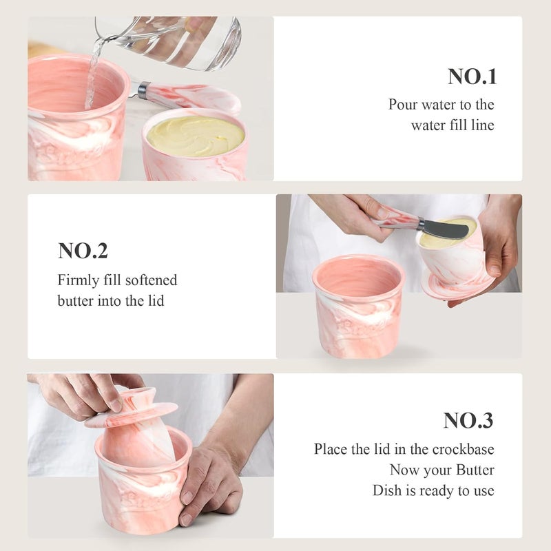 MSJGA Ceramic Butter Crock with Lid & Spreader Knife, Butter Keeper - Ideal Butter Storage & Countertop Butter Dish (Marble Pink with Marble Pink Knife, M) - Image 5