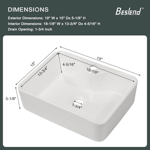 Beslend Rectangular Vessel Sink - Beslend 19”x15” White Modern Ceramic Porcelain Above Counter Bathroom Sink Art Basin with Hole - Image 4