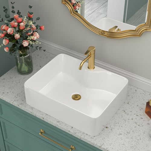 Beslend Rectangular Vessel Sink - Beslend 19”x15” White Modern Ceramic Porcelain Above Counter Bathroom Sink Art Basin with Hole - Image 1