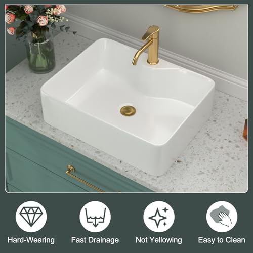 Beslend Rectangular Vessel Sink - Beslend 19”x15” White Modern Ceramic Porcelain Above Counter Bathroom Sink Art Basin with Hole - Image 5