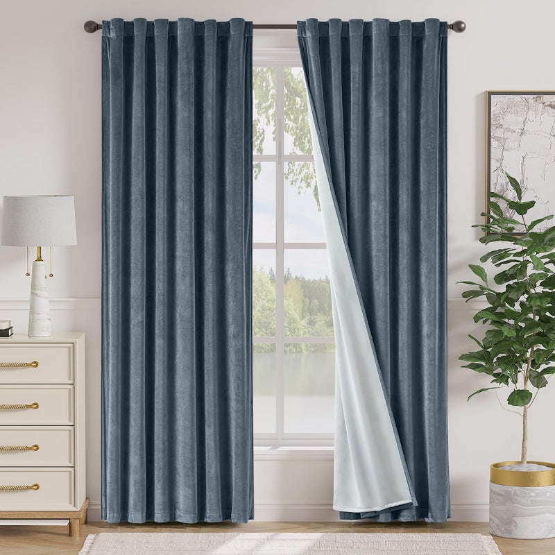 Lazzzy Blue Blackout Velvet Curtains 84 Inch Long Thermal Insulated Room Darkening Lined Curtain Drapes Luxury Back Tab Window Treatments for Bedroom Living Room 2 Panels, 52 x 84 Inch, Aegean Blue - Image 1
