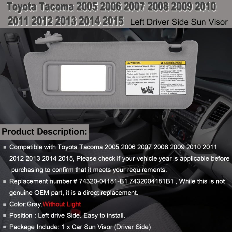 NHILES Left Driver Side Sun Visors Compatible with Toyota Tacoma 2005-2015 Without Light #74320-04181-B1 Grey - Image 2