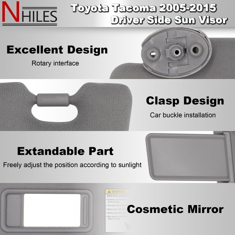 NHILES Left Driver Side Sun Visors Compatible with Toyota Tacoma 2005-2015 Without Light #74320-04181-B1 Grey - Image 3