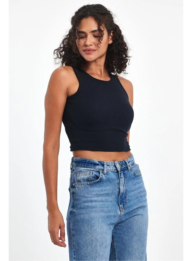 Mmetalic Women’s Navy Ribbed-Look Strappy Thick Stretch Knit Basic Crop Tank Top.