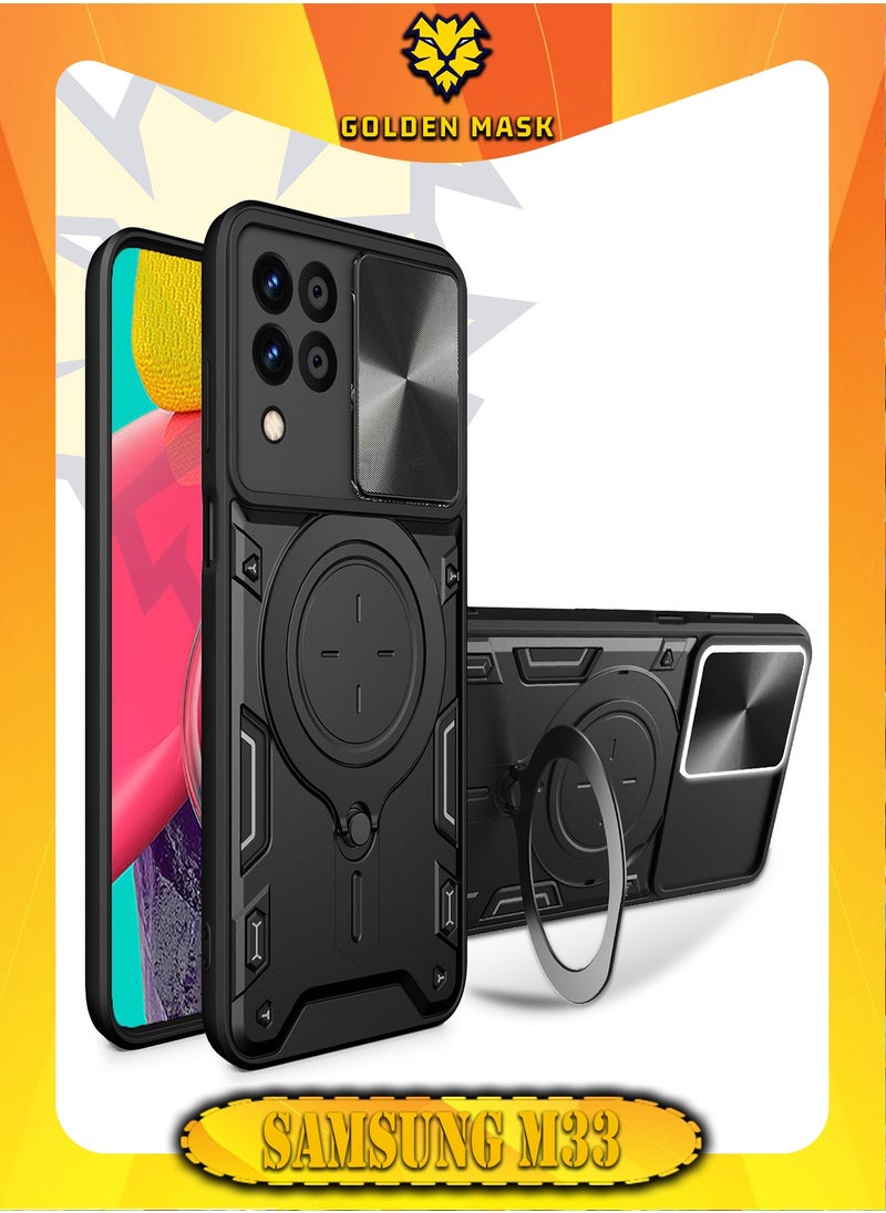جولدن ماسك جولدن ماسك لهاتف سامسونج جالاكسي ام 33 (Samsung Galaxy M33) جراب حماية مع باب جرار لحماية عدسة  الكاميرا المدرعة مدمج بزاوية 360 درجة - (اسود) 