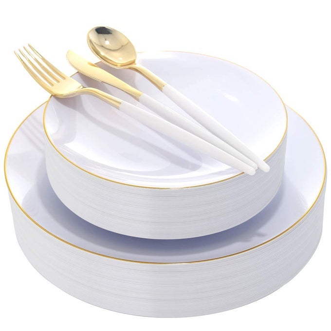 30 GUESTS GOLD PLASTIC PLATES WITH DISPOSABLE SILVERWAREGOLD CUTLERY WITH WHITE HANDLEWHITE GOLDEN DISPOSABLE DINNERWARE60 DINNERDESSERT PLATES90 PLASTIC SILVERWARE SET FOR WEDDING PARTY