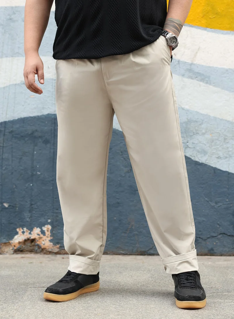 Instafab Plus Instafab Plus Men Solid Pleated Tailored Trousers | Mid-Rise , Side-Elasticated Stretch | Button Closure , Straight Hem | Solid Plain | Woven Fabric For Casual & Office Wear | Cream White