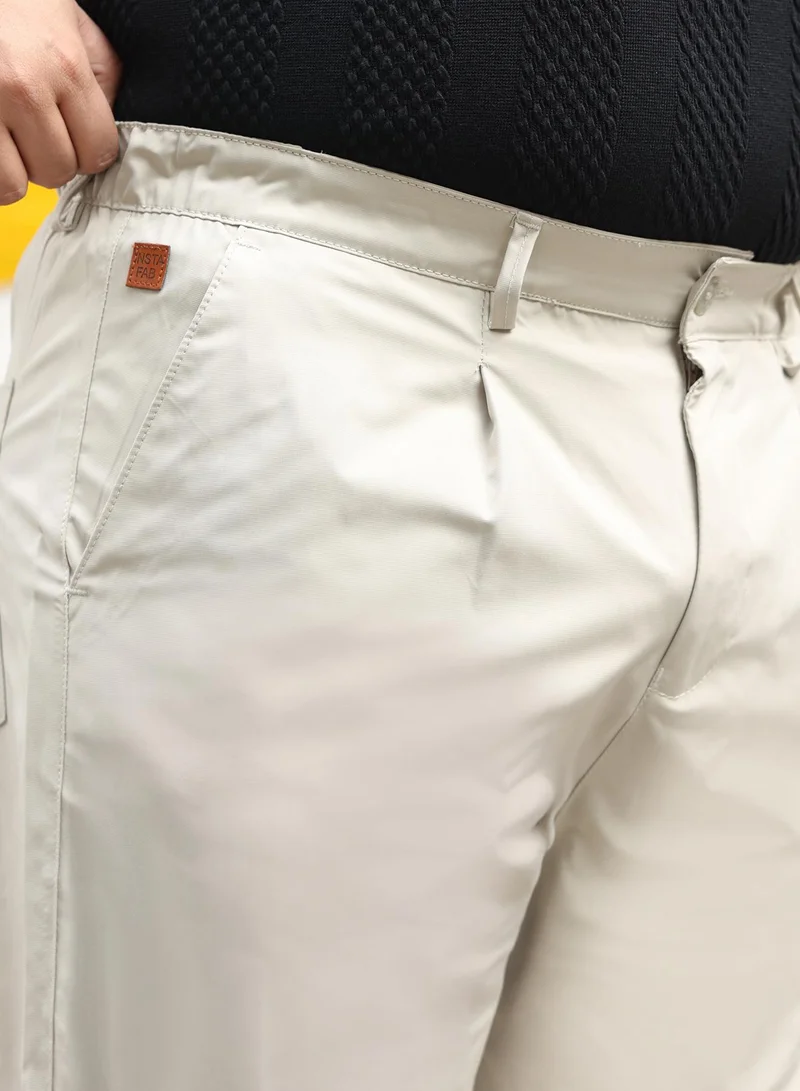 انستافاب بلس Instafab Plus Men Solid Pleated Tailored Trousers | Mid-Rise , Side-Elasticated Stretch | Button Closure , Straight Hem | Solid Plain | Woven Fabric For Casual & Office Wear | Cream White