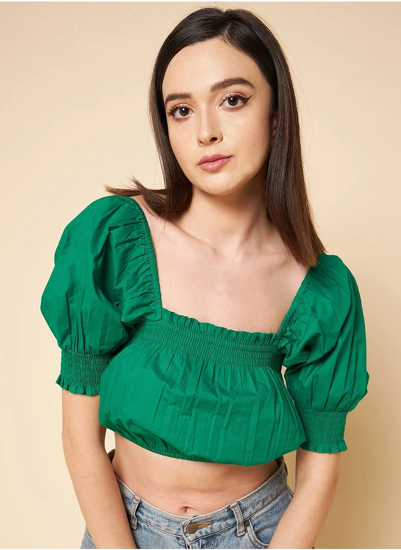 HIGH STAR Green Crop Top for Women, Square Neck with Puff Sleeves