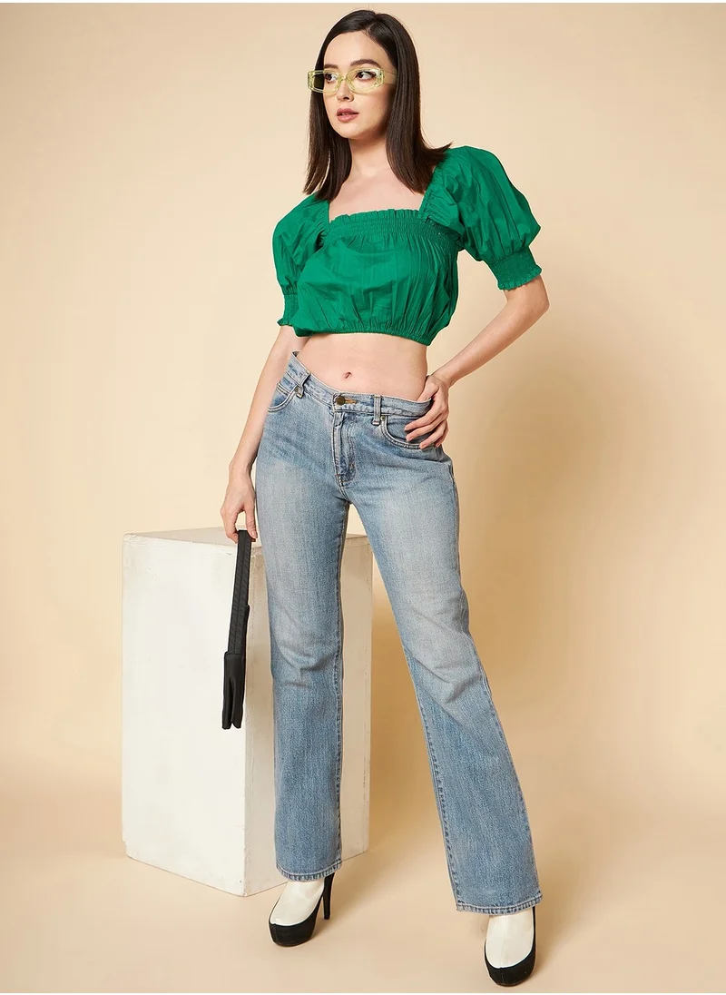 HIGH STAR Green Crop Top for Women, Square Neck with Puff Sleeves