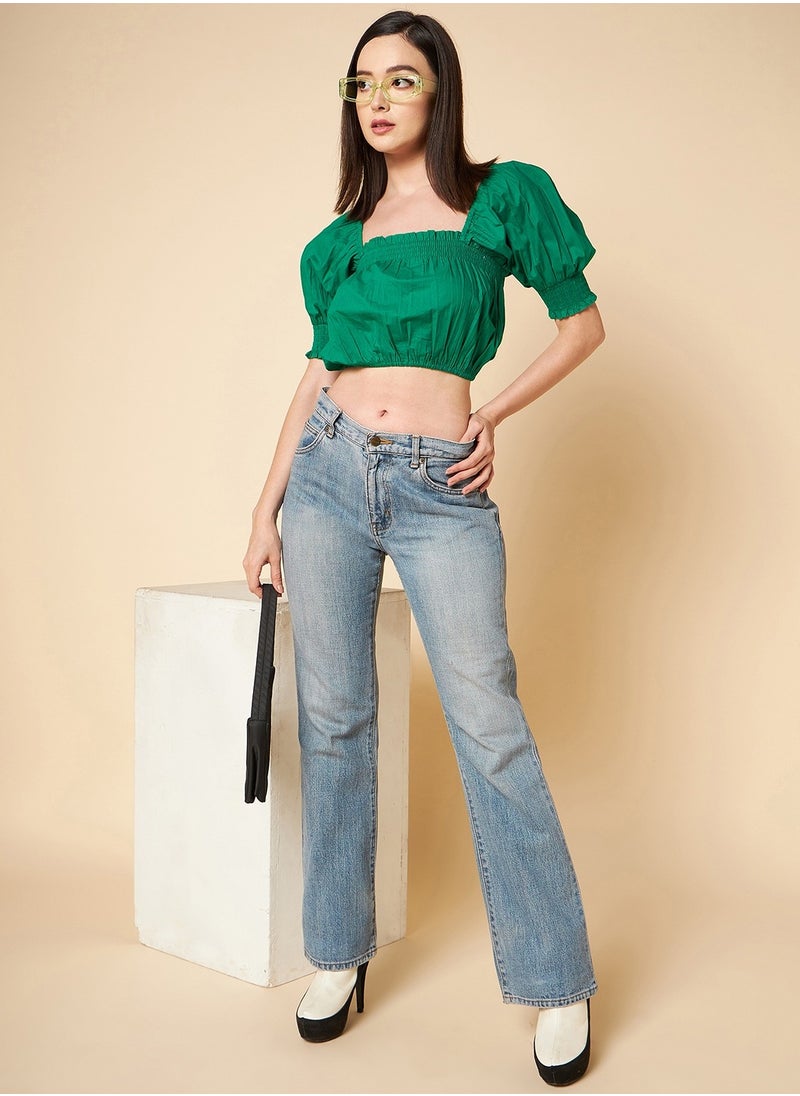 HIGH STAR Green Crop Top for Women, Square Neck with Puff Sleeves  - Image 2