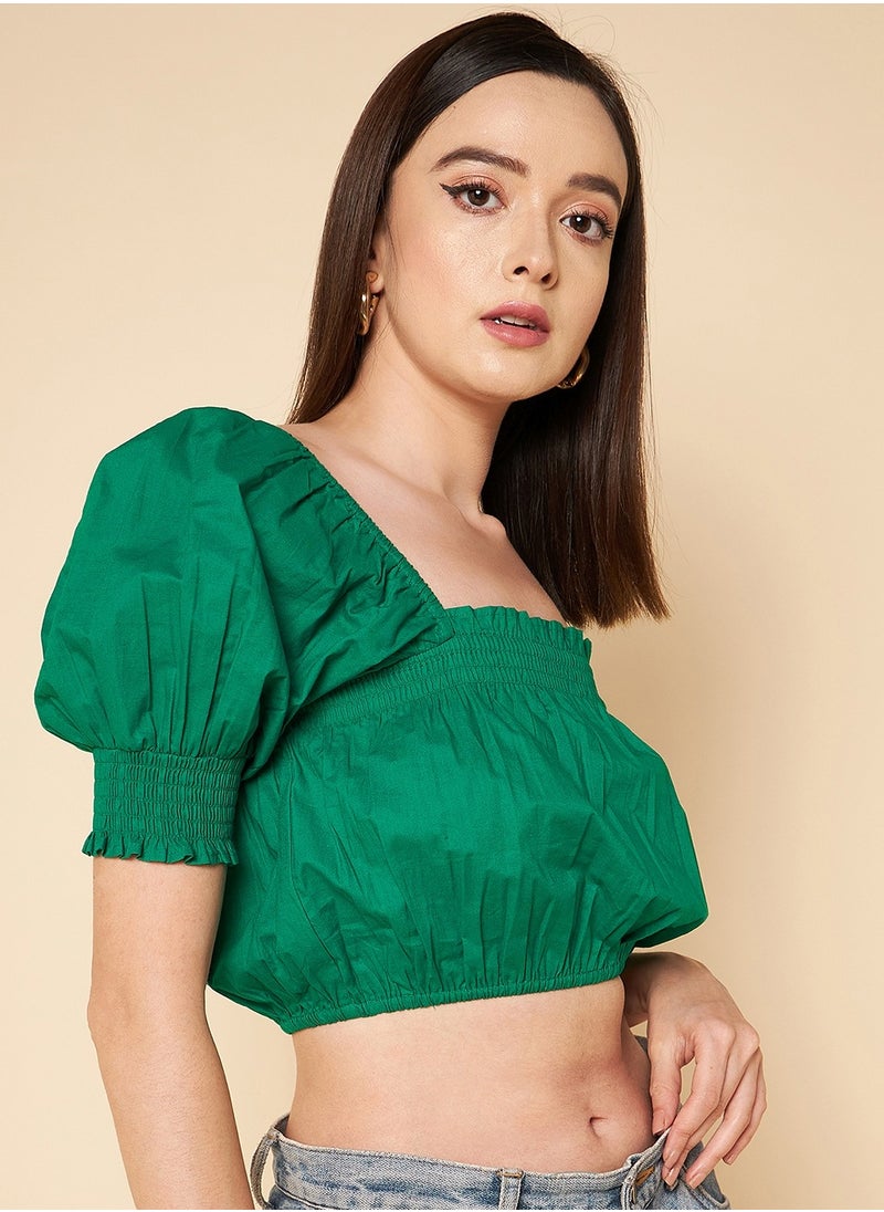 HIGH STAR Green Crop Top for Women, Square Neck with Puff Sleeves  - Image 3