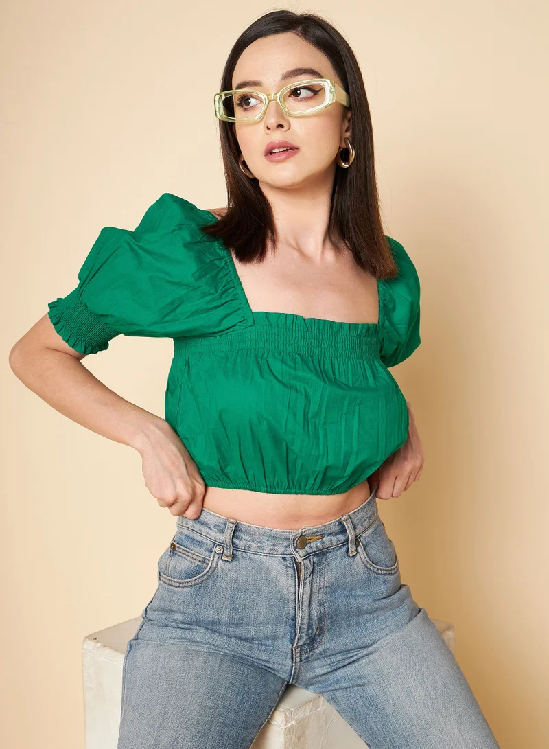 HIGH STAR Green Crop Top for Women, Square Neck with Puff Sleeves