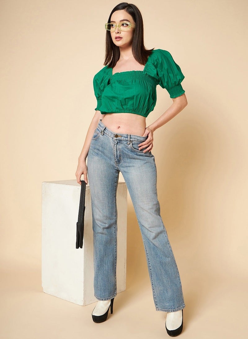 HIGH STAR Green Crop Top for Women, Square Neck with Puff Sleeves - Image 2