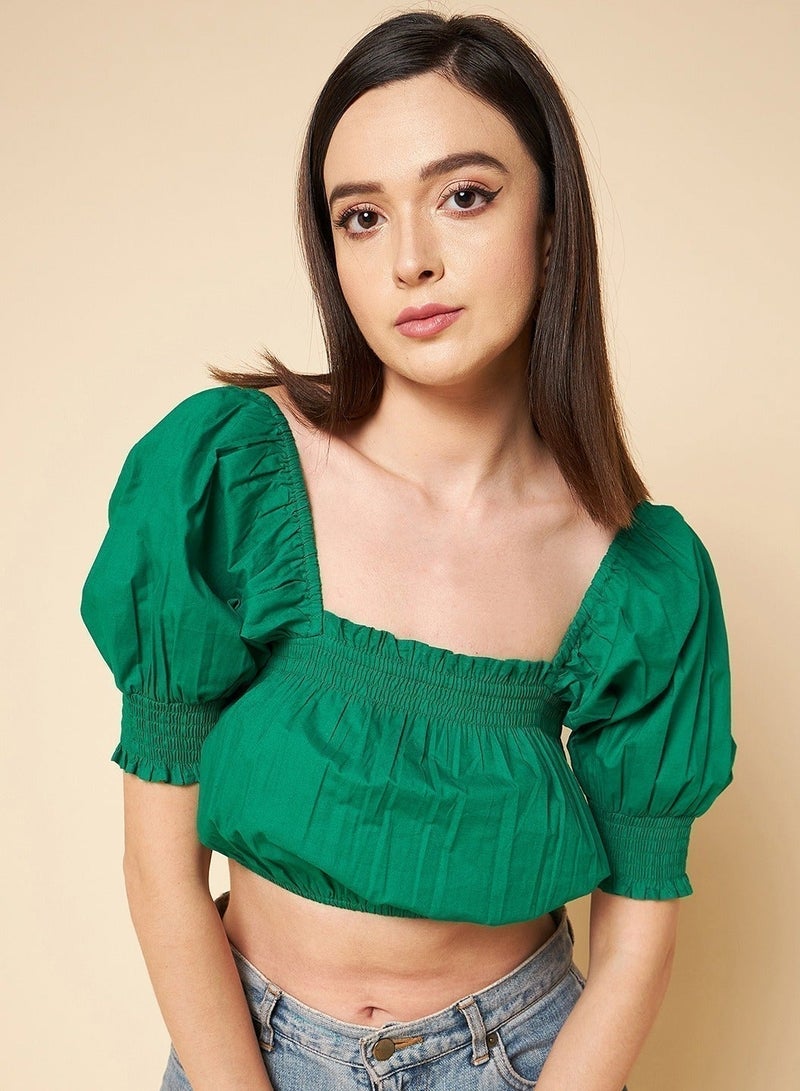 HIGH STAR Green Crop Top for Women, Square Neck with Puff Sleeves - Image 1