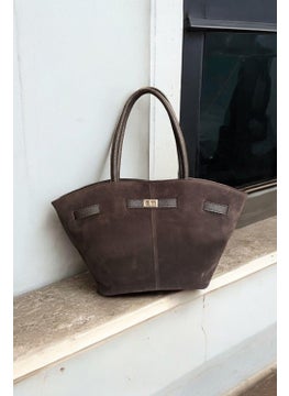 Bahels Women's Dark Brown Suede Leather Magnetic Lock Detailed Hand and Shoulder Bag  - Image 1